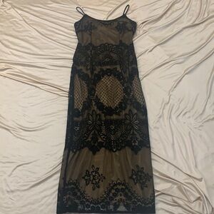 90s Cache Black / Nude Floral Lace Dress | Black Lace Dress Size 6 / Small